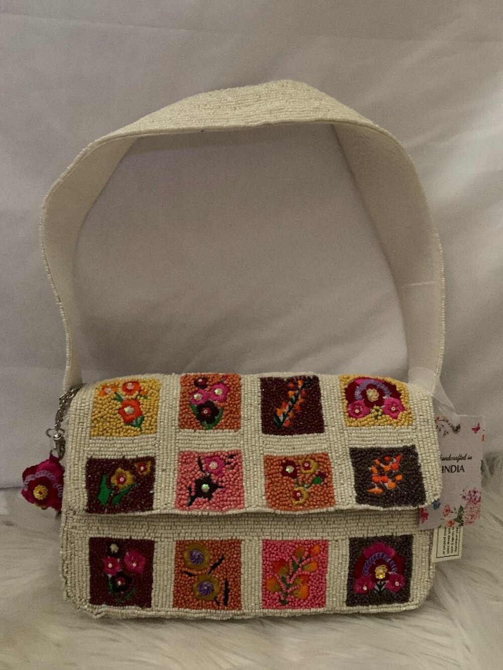 HANDCRAFTED IN INDIA Floral Boxy Seed Beaded & Embroidered Clutch Bag